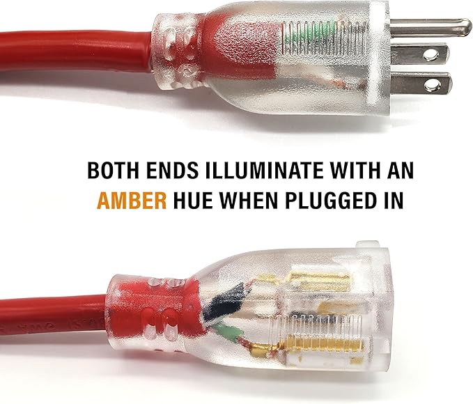 6 ft - 14 Gauge Extension Cord Outdoor - Made in USA - Lighted on Both Ends - Red Outdoor Extension_Cord Waterproof by Anthem Cable - Heavy Duty ExtensionCord 6 ft 15 Amp Extension