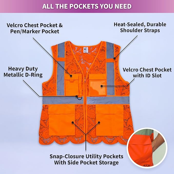 Lace-Mesh Safety Vest for Women & Men - Breathable, High Visibility Vest with Zipper & ANSI Class 2 Reflective Strips