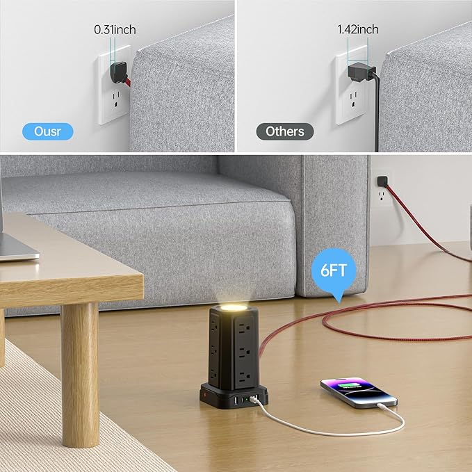 PASSUS Power Strips with Surge Protection, Flat Plug Power Strip with 12 Outlets 4 USB Ports, Charging Tower 1625W/13A 6FT Braided Extension Cord with Multiple Outlets Office Supplies Dorm Essentials