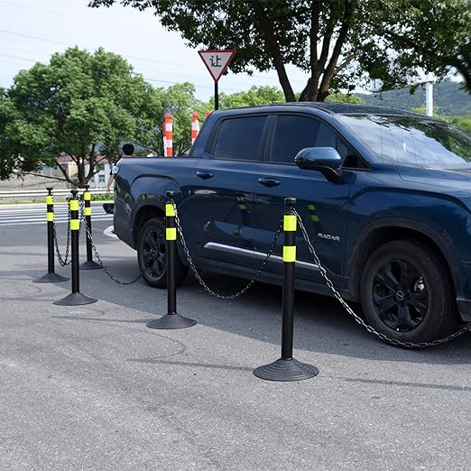 6-Set Pack 40" inch Black Yellow Work Zone Chain Post Set, 6 x 6.6' Feet Plastic Chains, Portable Crowd Control Stanchion Set, Traffic Queue Delineator Post Cones (Black-Rubber Base)