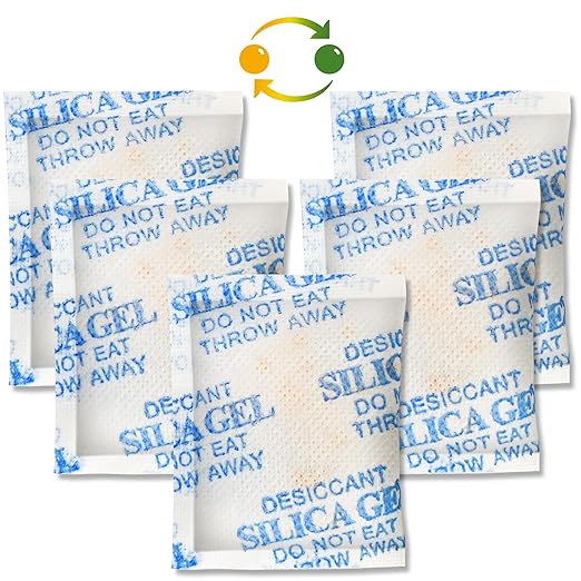LotFancy 5 Gram (50 Pack) Silica Gel Packets, Color Indicating Desiccant - Rechargeable Moisture Absorbers for Food Storage, Electronics, 3D Filament & Safes