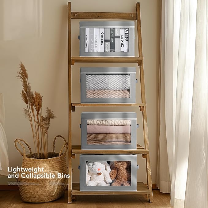 Decorative Bins with Lids - Stackable Cube Bins for Closet, 5 Pack Clear Windows Fabric Organizer Bins, Home Organizers and Storage for Clothes, CD, Towels, Grey