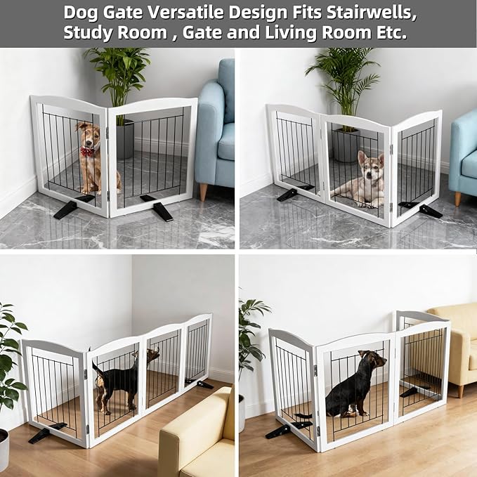 Dog Fence Indoor - 2-Panel Freestanding Dog Gate for Doorways, Hallways, House or Stairs -40x24-Inch Retractable Foldable Expandable Wood Pet by SFJC (White) ﻿