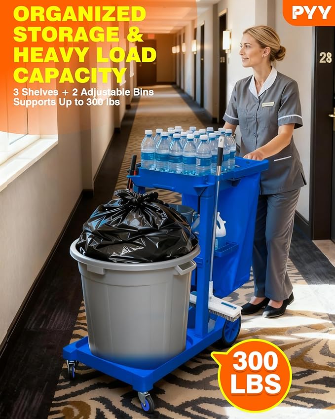 PYY Janitorial Cart - 3-Shelf & 2 Bins Cleaning Carts On Wheels, Smooth Swivel Caster, 65L Collection Bag, 300LBS Load Capacity, Sturdy Cleaning Cart for Housekeeping, Janatorial Cleaning (Blue)