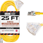 Iron Forge Cable 25ft Yellow Outdoor Extension Cord with 3 Outlets - 14/3 SJTW 15 Amp 25ft Extension Cord 3 Prong - Multiple Outlets with Lighted End