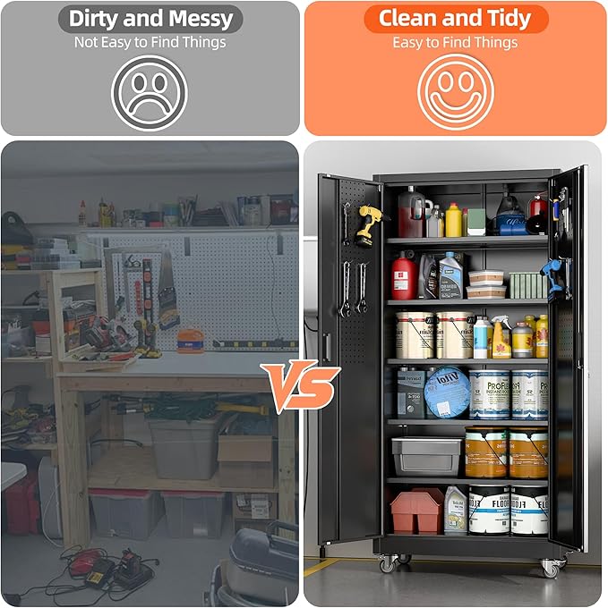 Garage Storage Cabinet with Wheels & Pegboard, Lockable Metal Storage Cabinet with Doors and 5 Adjustable Shelves for Garage Workshop Home, Assembly Required, Black, 71" H×34" W×18" D