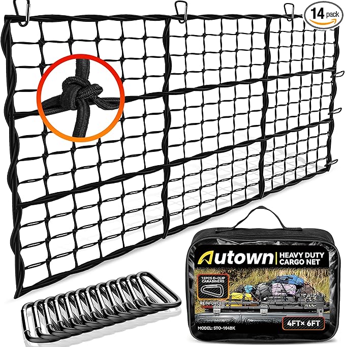 Cargo Net for Pickup Truck Bed - Stretchable 4' x 6' to 8' x 12' with 4" x 4" Mesh, Heavy Duty 10mm Cord Bungee Bed Netting with 12 Metal Carabiners - Ideal for ATV, SUV, UTV and Truck