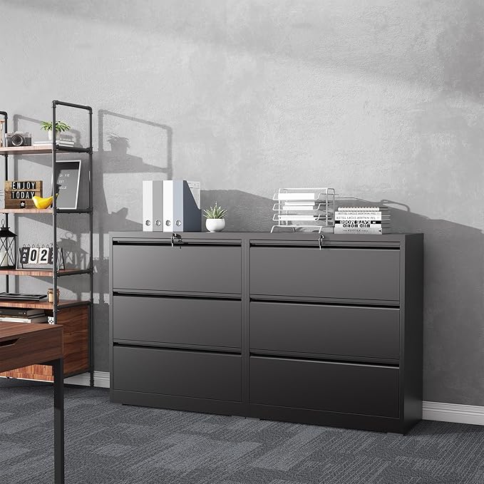 3 Drawer File Cabinet with Lock, Lateral Filing Cabinets,Metal Storage Filing Cabinets for Home Office, Heavy Duty File Cabinet for Letter/Legal/A4/F4 Size Amssebly Required, Black