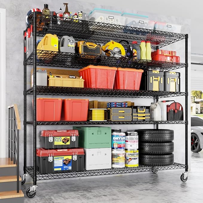 PrimeZone 5 Tier 80.7" H x 55.5" W x 24" D Wire Shelving with Wheels 3000lbs NSF Certified Storage Shelves Heavy Duty Metal Shelf Adjustable Rolling Rack Commercial Garage Restaurant Warehouse 6Pack