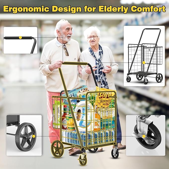 4.7 Cu Ft Folding Shopping Cart - 480 LB Capacity Grocery Cart with 360° Braked Swivel Wheels - Heavy Duty Utility Cart with Double Basket & Removable Waterproof Liner with Lid for Laundry