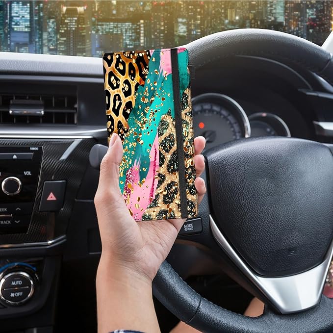 Car Registration and Insurance Holder,Leather Vehicle Glove Box Organizer Wallet for Document,Perfect for any Car,Truck,Motorcycle,Driver License,Trailer or Boat,Men & Women,Colorful Leopard Print