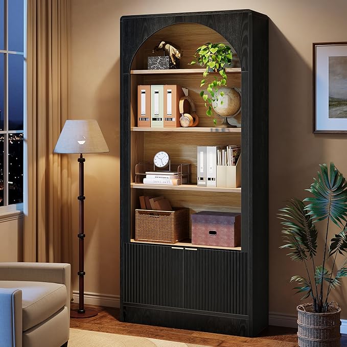 Tribesigns 71" Tall Office Storage Cabinet with Doors, Arched Bookshelf File Organizer with Storage and Shelves, Modern Farmhouse Standing Bookcase for Home Office, Printer Storage, Black
