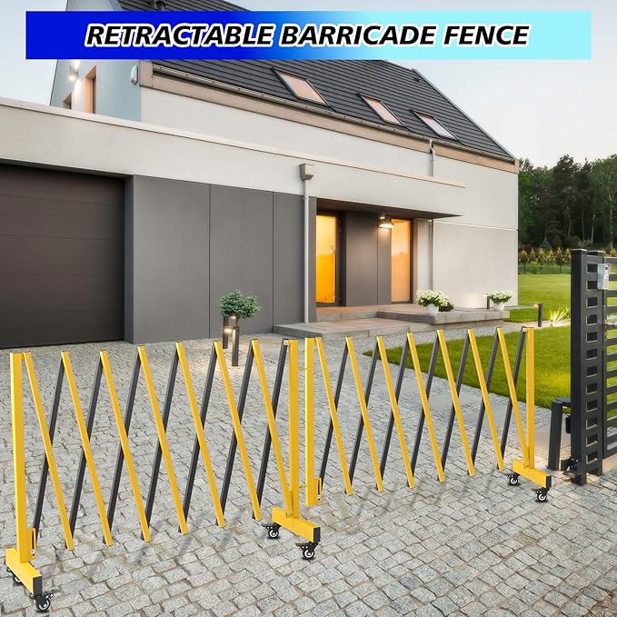 16.8FT Industrial Metal Expandable Barricade，Retractable Traffic Fence with Casters, 270 Degrees Folding Security Gate, Portable Barricade Gate for Construction Area, Traffic Control, Cordon