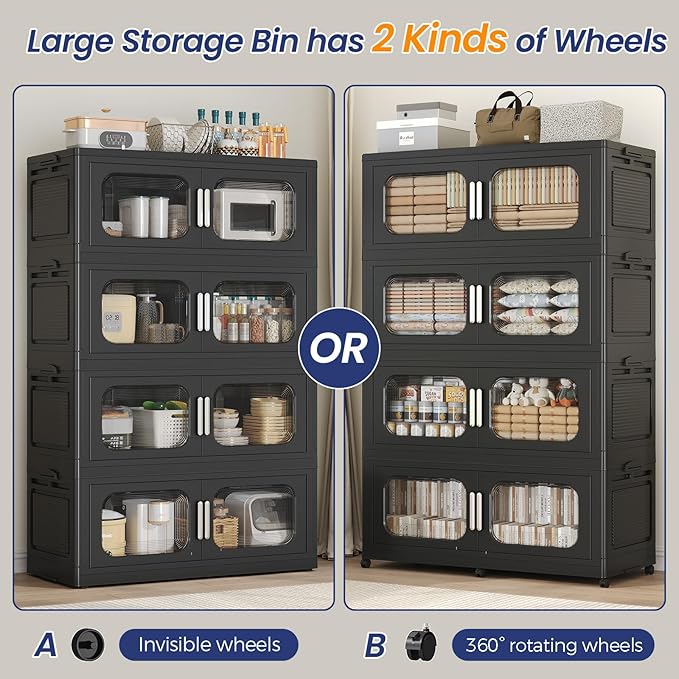 250Gal Exra Large Stackable Storage Bins with Lid, 1000QT Collapsible Storage Box with 6x Wheels, Folding Plastic Cabinet Container with Door Drawer for Home Kitchen Office Dorm, 5Pack Black