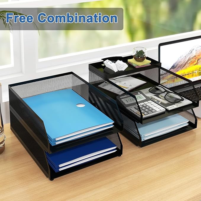 Natwind 4-Tier Desk Organizer,Stackable Paper Tray, Desk Accessories,Metal Mesh Desktop Organizer, Paper Sorter, Letter Trays,File Document Storage Rack for for Home, Office, School (Black)