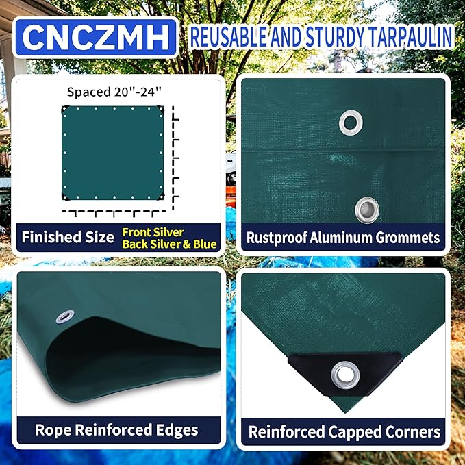Tarp Waterproof 15x15 Feet, 8 Mil Thick Finished Size Green Poly Tarpaulin Outdoor, Metal Grommets, Reinforced Edges, Multipurpose Tarps Protective Cover for Camping Boat Plant