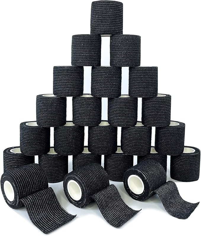 [24Pack 2" x5 Yards] Carbou-Self Adhesive Bandages Sports Wrap, Athletic Elastic Cohesive Bandage for Sports, Injuries, Treatments, and Recovery, First Aid Tape Vet Wrap for Cat, Dog Black