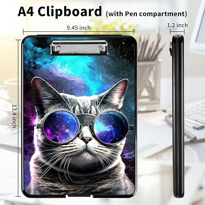 A4 Clipboards,Heavy Duty Waterproof Nursing Plastic Folder Clipboard with Storage Clip Boards,File Folder Storage Box Clipboard Case for Teacher,Doctor,Offices,Galaxy Hipster Cat