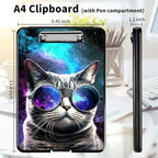 A4 Clipboards,Heavy Duty Waterproof Nursing Plastic Folder Clipboard with Storage Clip Boards,File Folder Storage Box Clipboard Case for Teacher,Doctor,Offices,Galaxy Hipster Cat