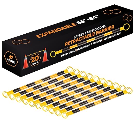 Retractable Barrier for Safety Traffic Cones - 2" OD - Large Yellow and Black Bar Barricade - for Road Construction, Parking, Warning, Temporary Security Divider (20, Yellow & Black, 53" x 84")
