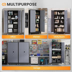 Metal Garage Cabinets with Wheels, Heavy Duty Rolling Storage Cabinet with Lock, Storage Caninet with 2 Doors and 4 Shelves, Tall Tool Cabnet on Wheels for Workshop/Home/Office-(Black Gray 75”H)