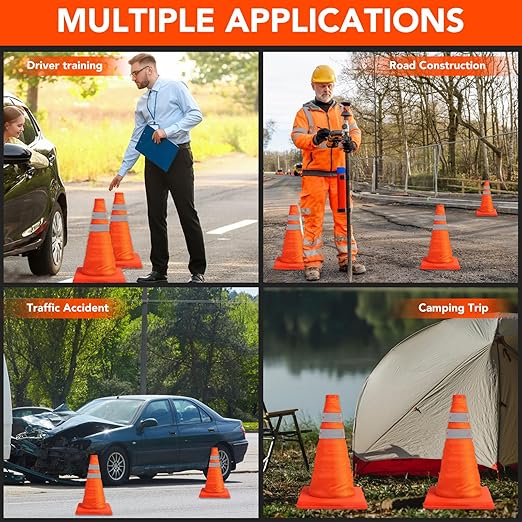 [3 Pack]18 Inch Collapsible Traffic Safety Cones - Parking Cones with Reflective Collars, Orange Safety Cones for Parking lot, Driveway, Driving Training etc