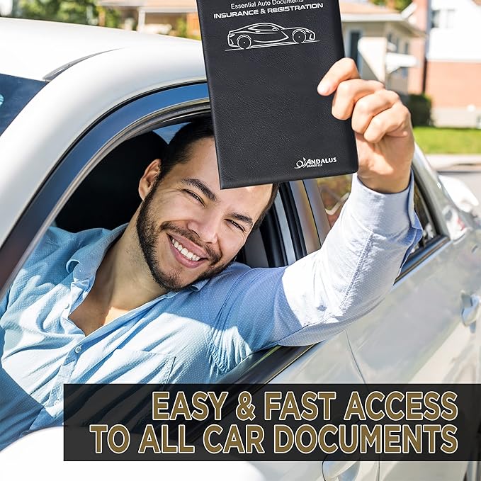 Andalus Auto Registration & Insurance Card Holder Pack of 2, Waterproof Essential Car Registration Holder with Hook & Loop Closure, Perfect for Every Vehicles Glove Boxes (Black - 9.5" x 5.15")