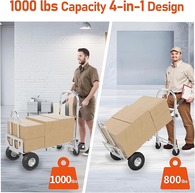1000 LBS Dolly Cart with Wheels, 4 in 1 Folding Hand Truck, Stainless Steel Heavy Duty Industrial Convertible Hand Cart, Utility Collapsible Hand Truck Dolly for Warehouse, Home, Office, Etc