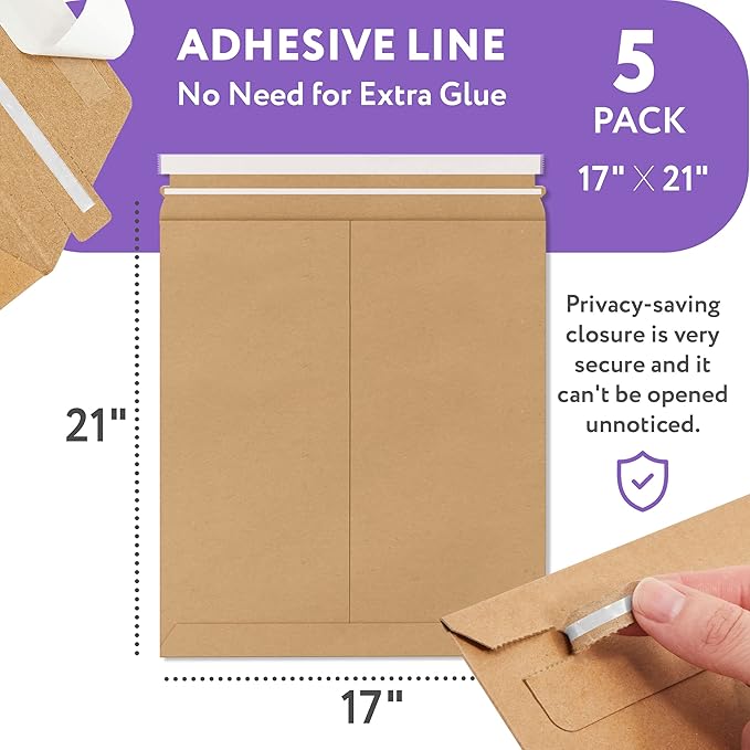 Natural Brown Kraft Rigid Mailers, 17 x 21 Inches. Pack of 5 Paperboard Envelopes. Sturdy Stay Flat Mailers with Self-Seal Closure. Recyclable Hard Envelopes for Mailing. Stayflat Mailer
