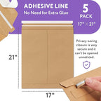 Natural Brown Kraft Rigid Mailers, 17 x 21 Inches. Pack of 5 Paperboard Envelopes. Sturdy Stay Flat Mailers with Self-Seal Closure. Recyclable Hard Envelopes for Mailing. Stayflat Mailer