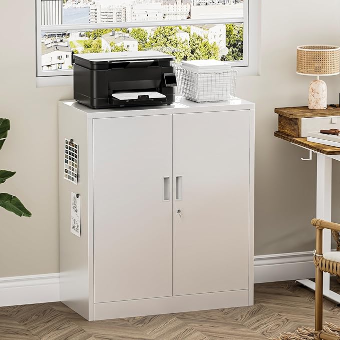 Metal Garage Storage Cabinets，36" Steel File Cabinet with 2 Adjustable Shelves, Lockable Storage Cabinets for Office, Home, Garage, Warehouse 36" H x 32" W x 16" D (White)