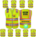 BeautyWill Custom Logo 10 Pockets Safety Vest Class2 ANSI Certified High Visibility Reflective Vest