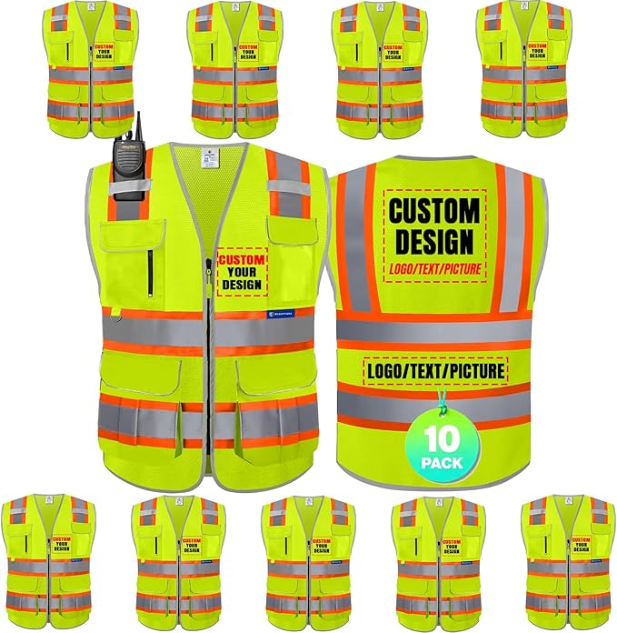 BeautyWill Custom Logo 10 Pockets Safety Vest Class2 ANSI Certified High Visibility Reflective Vest