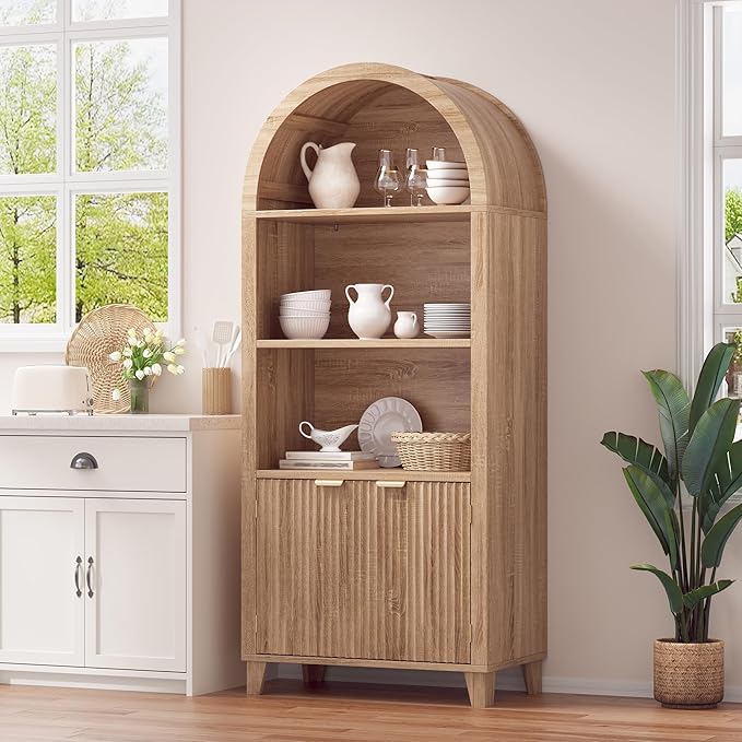 Arched Storage Cabinet, 5-Tier Pantry Cabinet with Fluted Doors, Arched Cabinet with Open & Adjustable Shelves, Versatile Cupboard for Dining Room, Living Room, Light Oak