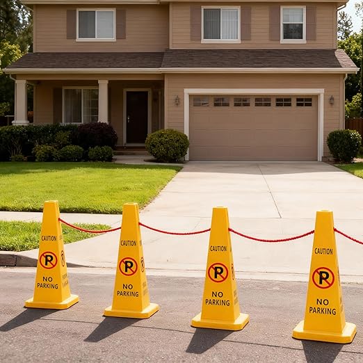 10 Pack No Parking Cones 26.38 Inch Four Sided Visibility Traffic Safety Cone No Parking Sign Floor Standing Yellow for Lawn, Driveway, Garage, Yard, Fire Lane, Construction, Street