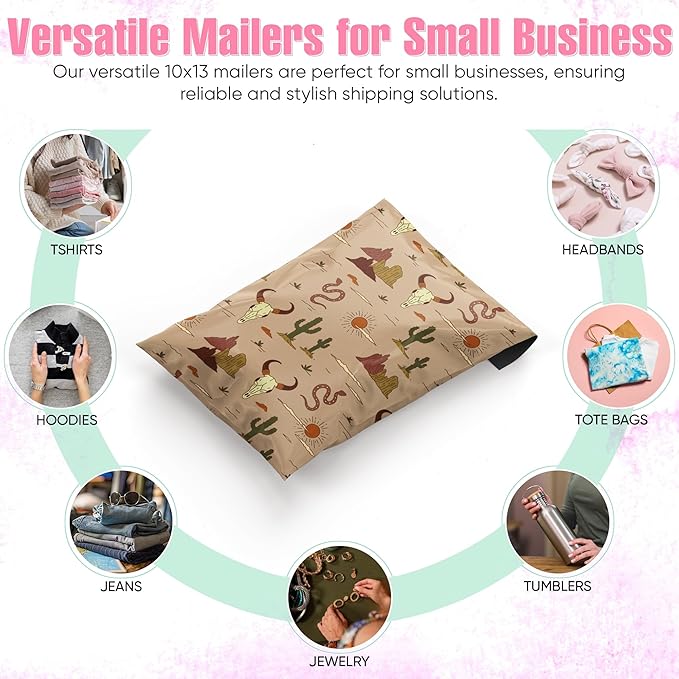 10x13 Poly Mailers – Western Boho – Waterproof, Tear-Resistant Shipping Bags with Adhesive Seal – 25 Pack – Package Mint