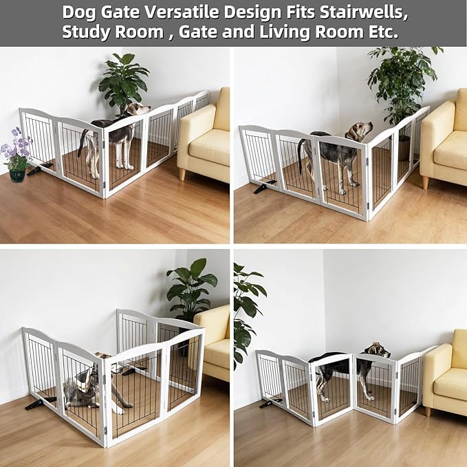 Dog Fence Indoor - 6-Panel Freestanding Dog Gate for Doorways, Hallways, House or Stairs -120x32-Inch Retractable Foldable Expandable Wood Pet by SFJC (White)