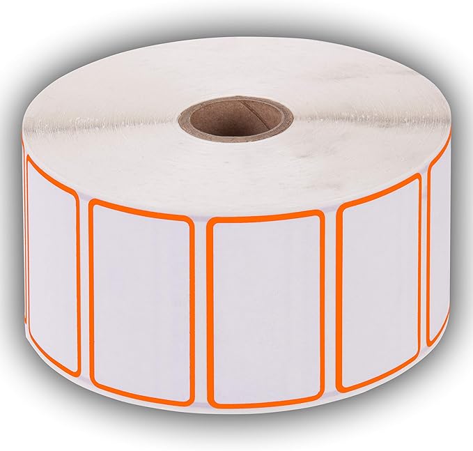 2.25" X 1.25" Direct Thermal Perforated Stickers Labels for Barcodes, Address, Consignment - Compatible with Zebra, Rollo, Godex and More (Orange Border, 12 Rolls)
