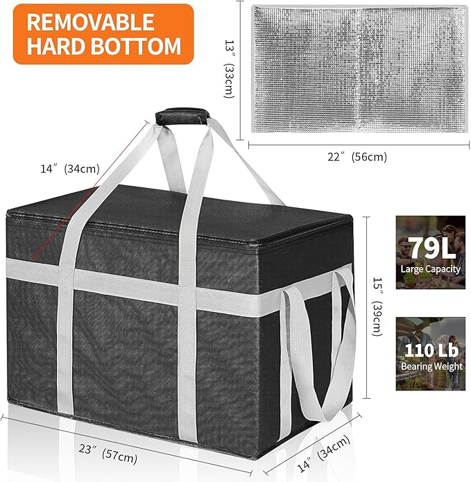 XXXL 2 Pack Insulated Food Delivery Bag with Removable Hard Bottom, Reusable Insulated Grocery Bag for Hot and Cold Food, Catering Cooler for Doordash, Warmers, Parties (Black+Red)