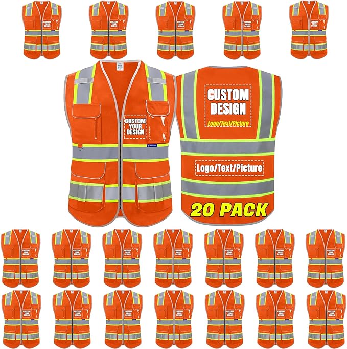BeautyWill Custom Logo 10 Pockets Safety Vest Class2 ANSI Certified High Visibility Reflective Vest