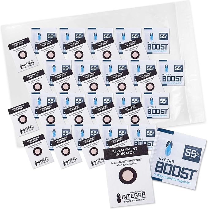 Integra Boost - 55% RH Level - 2 Gram Size - Two-Way Humidity Control Pack - Includes Humidity Indicator Cards - Humidity Balancer Packet For Packaged Foods & Herbs Storage (Pack of 20)