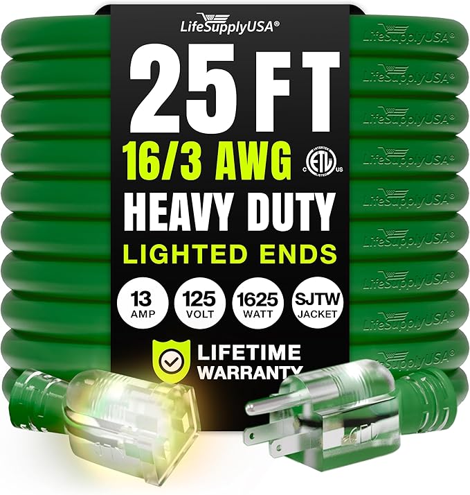 25ft Outdoor/Indoor Extension Cord 16/3 Gauge Heavy Duty 3 Prong SJTW, Waterproof, ETL Listed, Flexible Cold-Resistant Long Power Cord,13A 125V 1625W, Green by LifeSupplyUSA