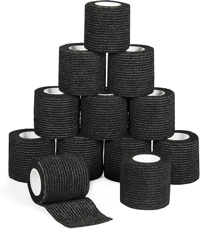 12 Pack Self Adhesive Bandage Wrap 2 Inches x 5 Yards Elastic Bandage Wrap Self Adherent Cohesive Tape Bandages for Wrist Ankle Vet Wrap for Dogs Swelling Sprains Athletic Tape Grip Cover (Black)