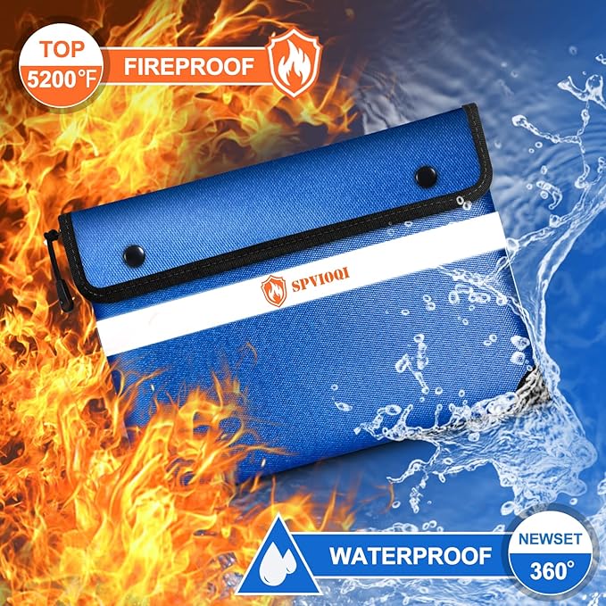 Upgraded Fireproof Document Bag - 5200F Heat Insulated, 14.2"x11" Fireproof Money Bag with 8 Layers of Functional Materials, Water & Fire Proof with Zipper/Metal Snap/Reflective Strip