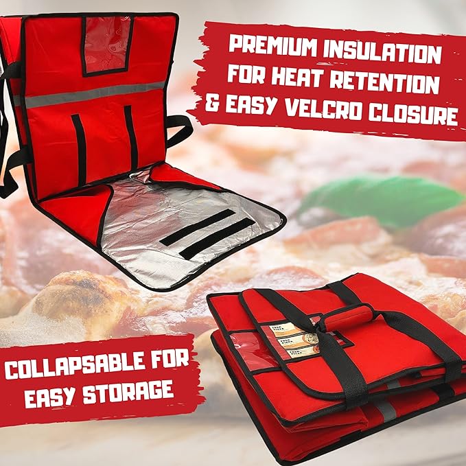 FSE Insulated Pizza Food Delivery Bag Carrier, 18 Inch x 18 Inch x 13 Inch, Breathable Design, Fits Five 16" Pizza Boxes, or Four 18" Pizza Boxes, for Hot or Cold Items, Red