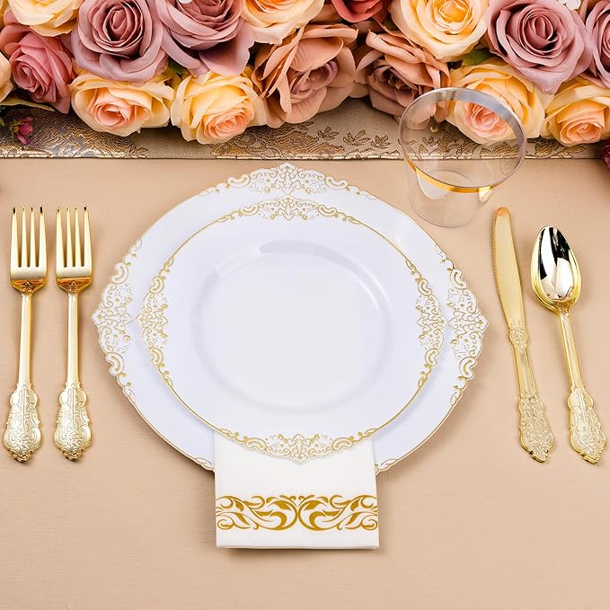 350PCS White and Gold Plastic Plates for 50 Guests, Disposable Dinnerware Set Includes 100 Disposable Plates, 150 Gold Silverware, 50 Cups, 50 Napkins for Party, Wedding
