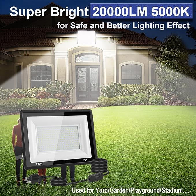 200W LED Flood Light Outdoor, 20000LM Bright Plug-in Flood Lights with Switch, IP66 Waterproof Exterior Security Lights, LED Work Light for Garage, Yard, Garden, Playground, Stadium, Arena