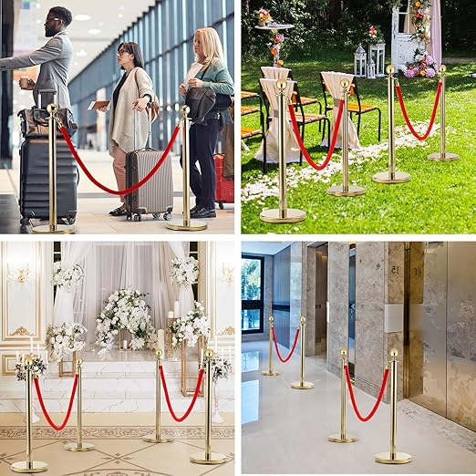 8pcs Gold Stanchions Post with 6pcs 5 ft Red Velvet Rope, Red Carpet Ropes and Poles, Crowd Control Barriers Decorations for Red Carpet, Parties, Wedding, Exhibitions,Theaters,Clubs