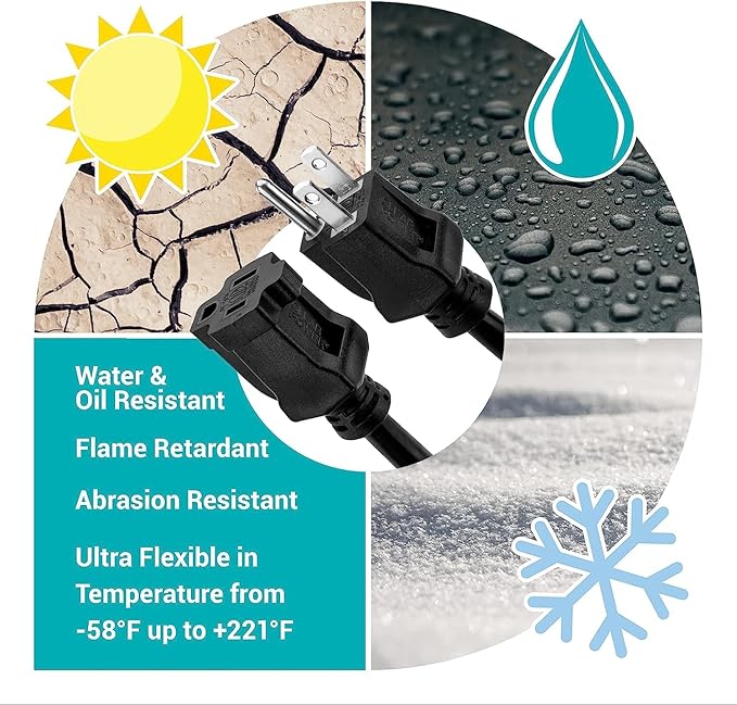 Clear Power 50ft Oil Resistant Heavy Duty Extension Cord 14/3 SJTOW, 3 Prong Grounded Plug, 15-Amp Power Cord for Farms and Ranches, Black, DCOC-0083-DC