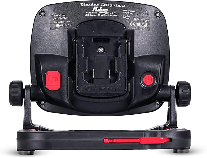 Master Tailgaters Pulse LED Work Flood Light Compatible with Milwaukee or Dewalt Battery | Bright White/Red Solid or Flashing Red Light Modes | LED Night Hunting Lights
